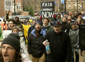 Graduate Employees Organization and their supporters march on the first day of the strike