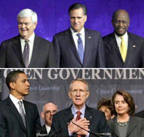 Republican presidential contenders New Gingrich, Mitt Romney, and Herman Cain (above) and Democrats Barack Obama, Harry Reid and Nancy Pelosi (below)